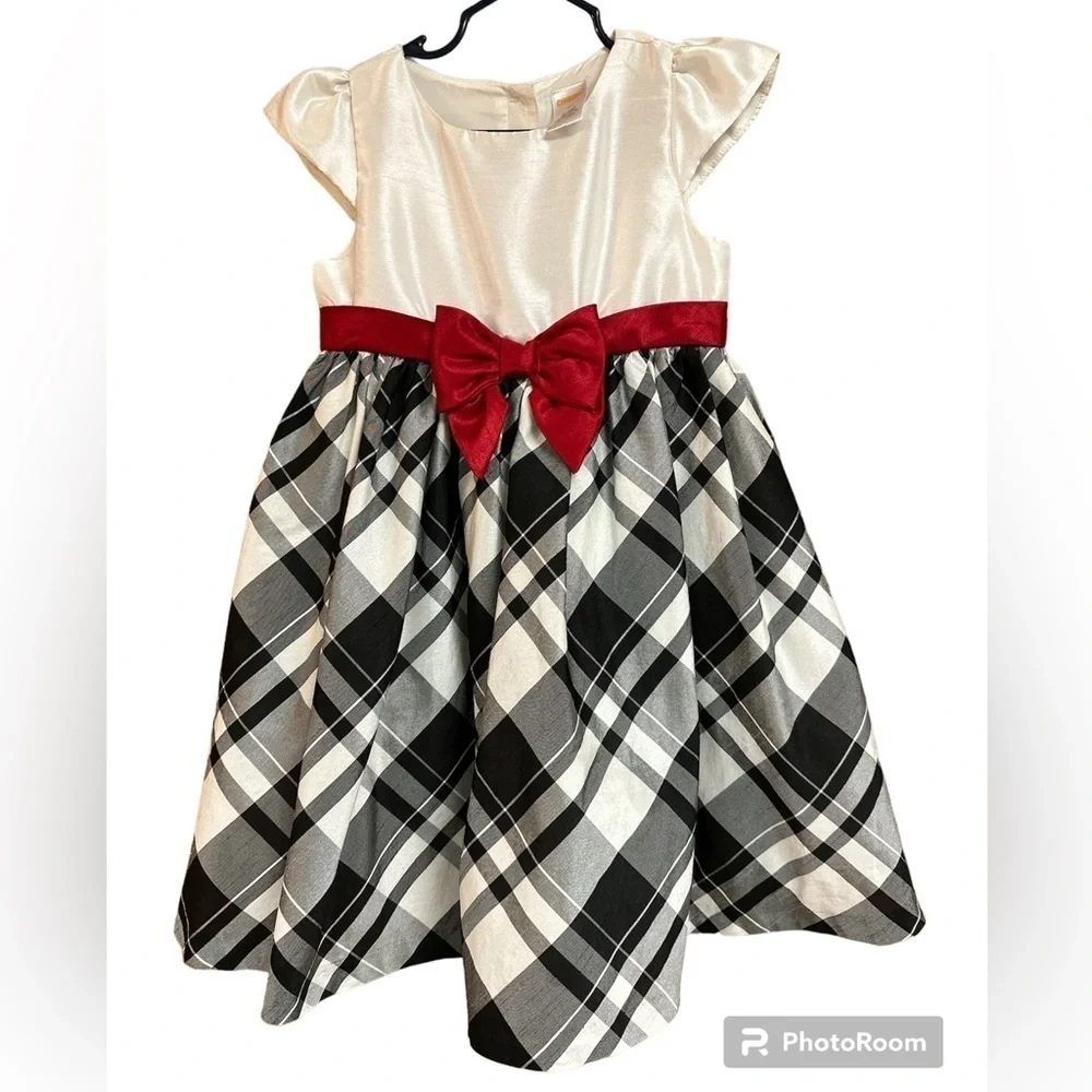 Gymboree Holiday Party Dress Plaid Red Bow Sash Creamy White Top Cap Sleeves 5T